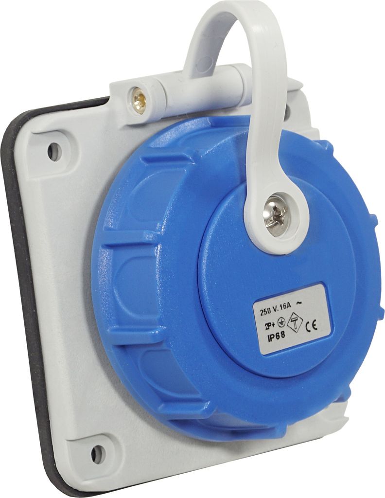 A close-up, angled view of a waterproof electrical socket.
