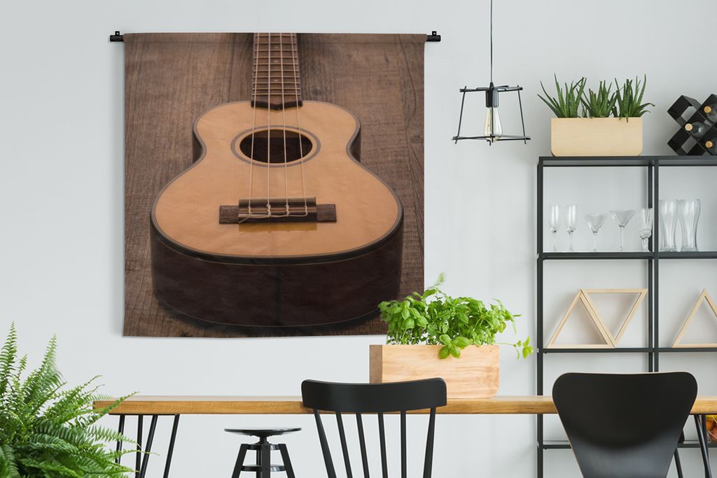 MuchoWow Wandteppich Wandbehang Akustische Gitarre auf einem Holztisch 120x120 cm Tapisserie Dekoration Wandtuch - Modern - Baumwollgewebe