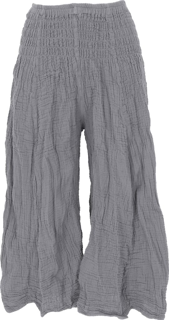 Bequeme 3/4 Musselin Palazzohose, Marlenehose mit Breitem Bund, Baumwollhose, Krinkelhose - Steingrau, Damen, Baumwolle, Hosen