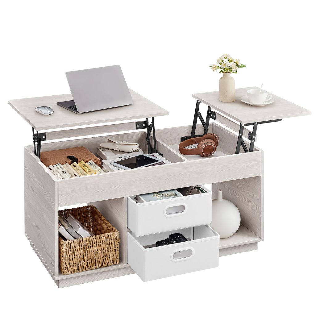 A lift-top coffee table with storage, displaying various items like a laptop, headphones, and decorative vase.