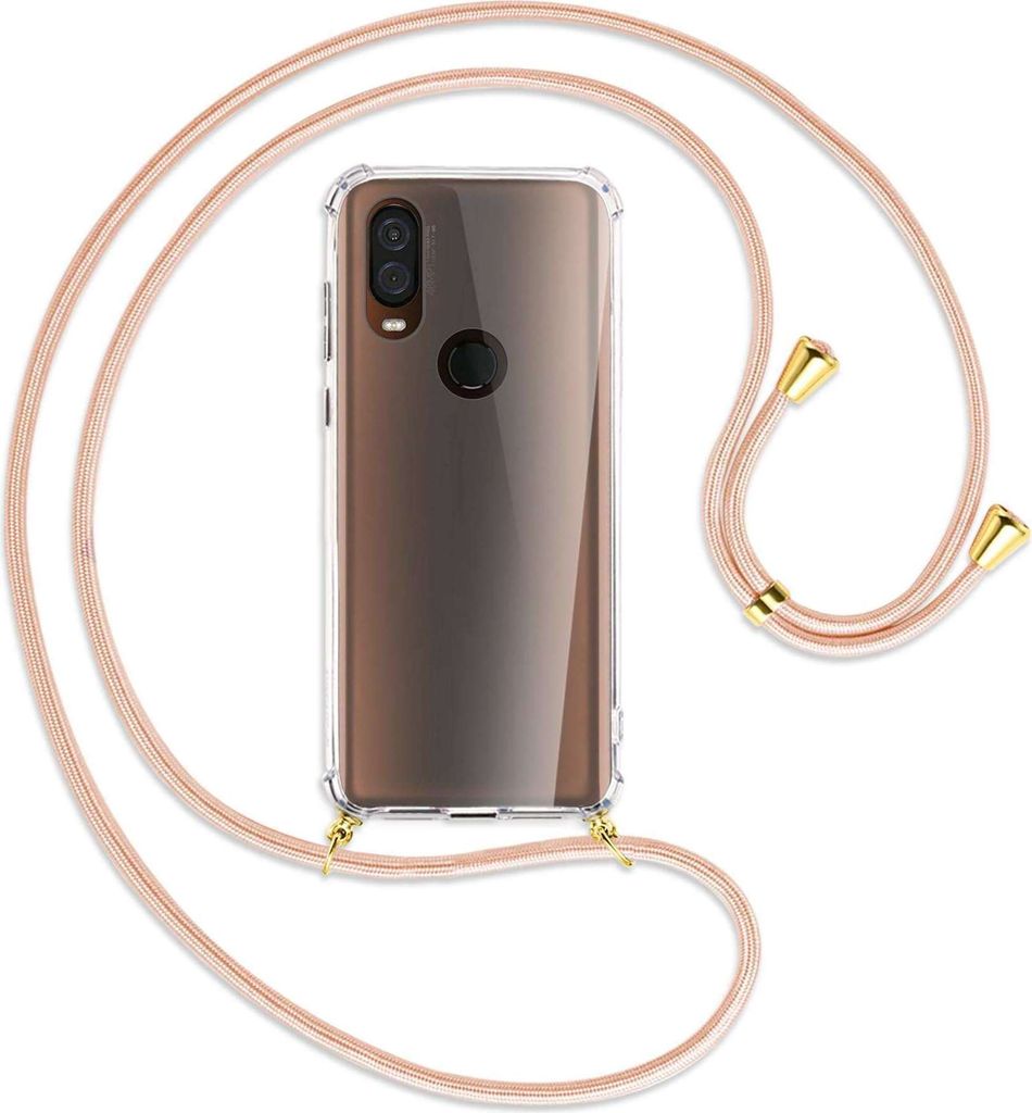Handykette Backcover-Schutzhülle mit Band (Metall goldfarben) für Motorola One Vision - rose peach