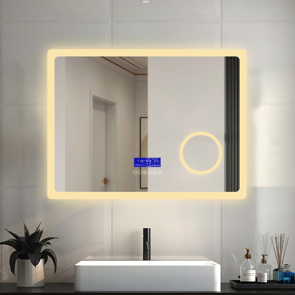 Uhr Touch-Schalter LED Badspiegel 80x60cm Beleuchtung Badezimmerspiegel Wandspiegel mit Bluetooth 4.1 Lautsprecher Beschlagfrei