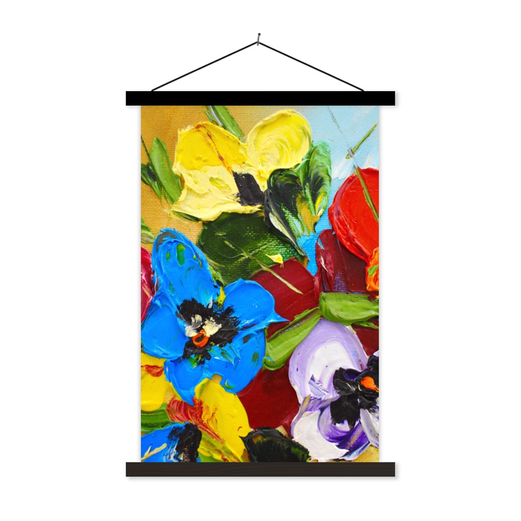 MuchoWow Textilposter Ölfarbe - Malerei - Blumen 60x90 cm mit schwarzem Rahmen - Poster Wohnzimmer
