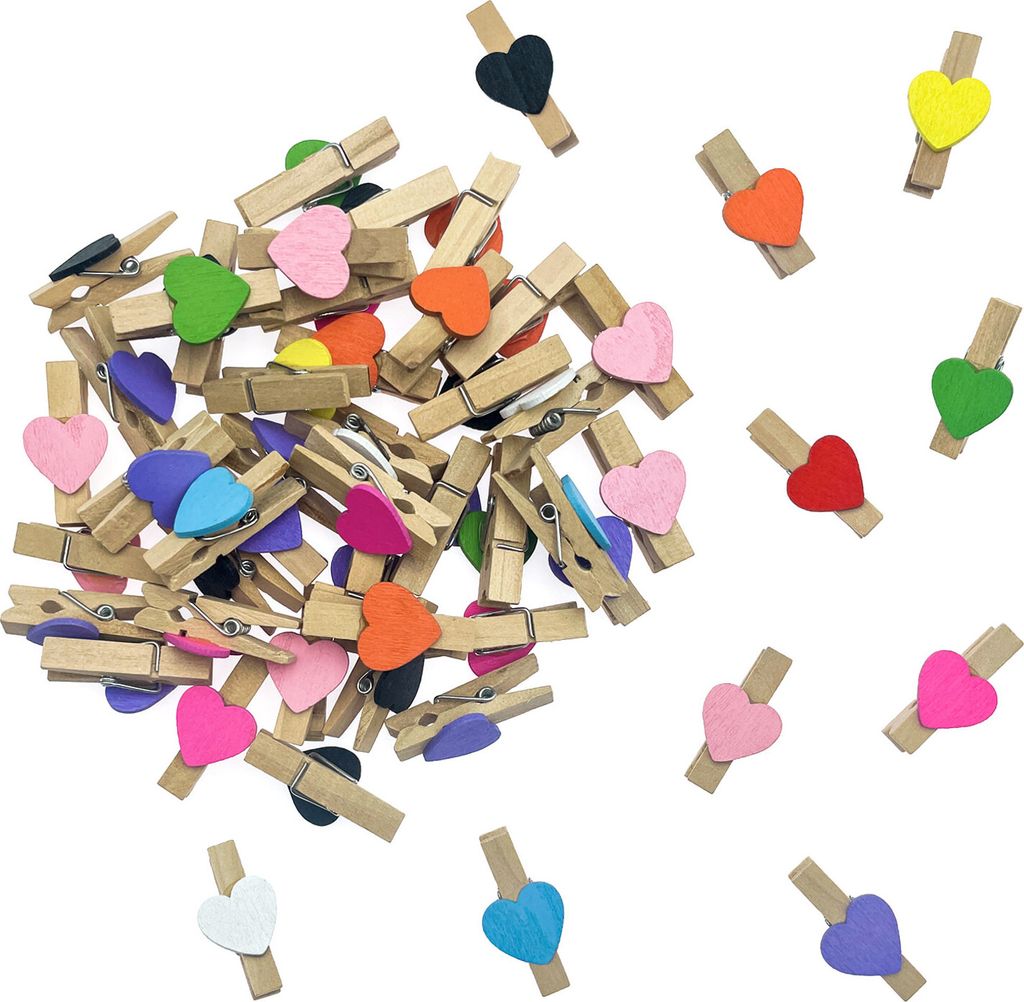 Oblique Unique 50 Mini Herz Holz Wäscheklammern Holz Miniklammern mit Herzen kleine Deko Klammern Hochzeit - bunt