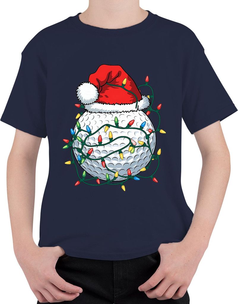 Weihnachten Golfball mit Mütze und Lichtern Golf Geschenk Idee Uni Kinder T-Shirt, Navy, 140