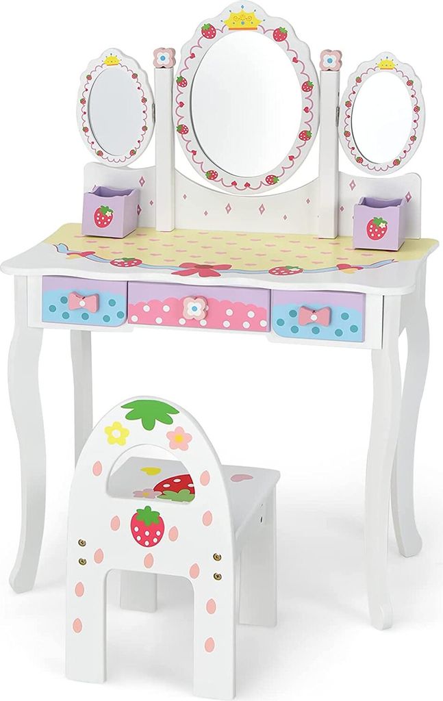 Kinder Schminktisch mit Hocker, Prinzessin Frisiertisch mit klappbarem Spiegel & 3 Schubladen, Frisierkommode für Kinder Mädchen Weiß