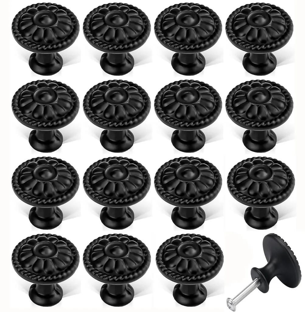 Rénovez vos meubles anciens : 16 boutons vintage noirs 30mm motif fleurs