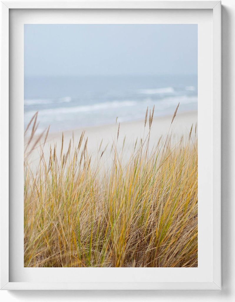 Meereslandschaft mit Strand und Gräsern– Wandbild mit Rahmen – Gerahmtes Bild – Wanddekoration – 60x80 cm – Weiß Rahmen