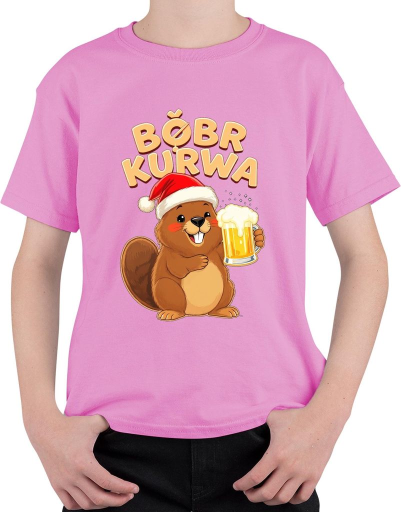 BÓBR KURWA Meme Biber Weihnachten Bier Weihnachtsmütze Geschenk Uni Kinder T-Shirt, Pink, 128
