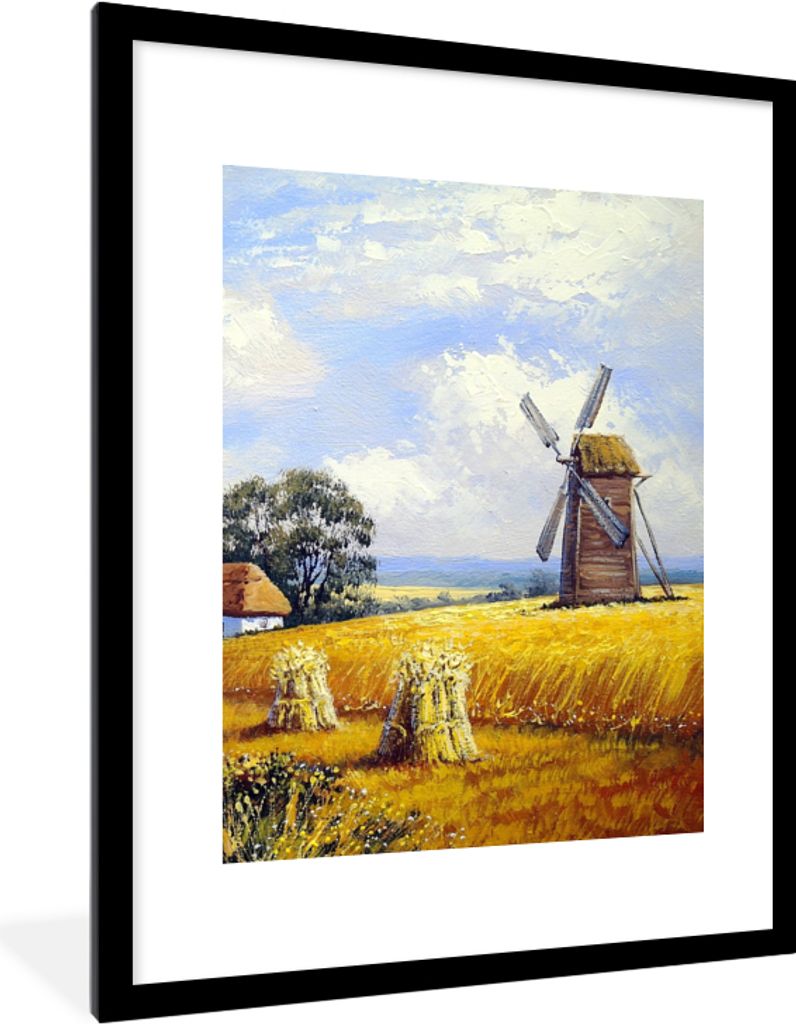 MuchoWow Gerahmtes Poster Gemälde - Bauernhof - Mühle - Ölfarbe 60x80 cm - Poster mit Schwarzem Bilderrahmen Wandposter Rahmen Foto Bilder - W...