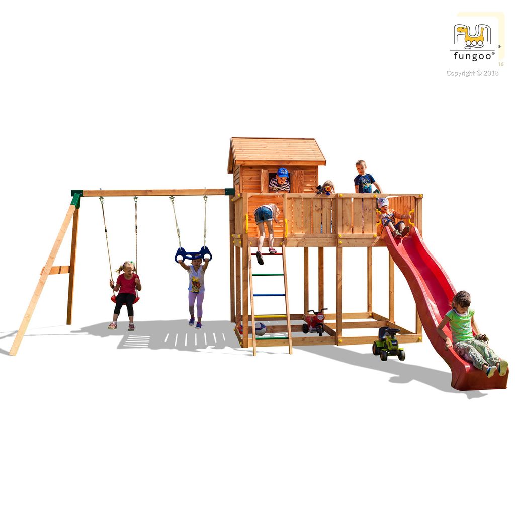 Fungoo Spielturm "My Space XL Move+" teak mit Rutsche, Doppelschaukel, Kletterwand und Leiter