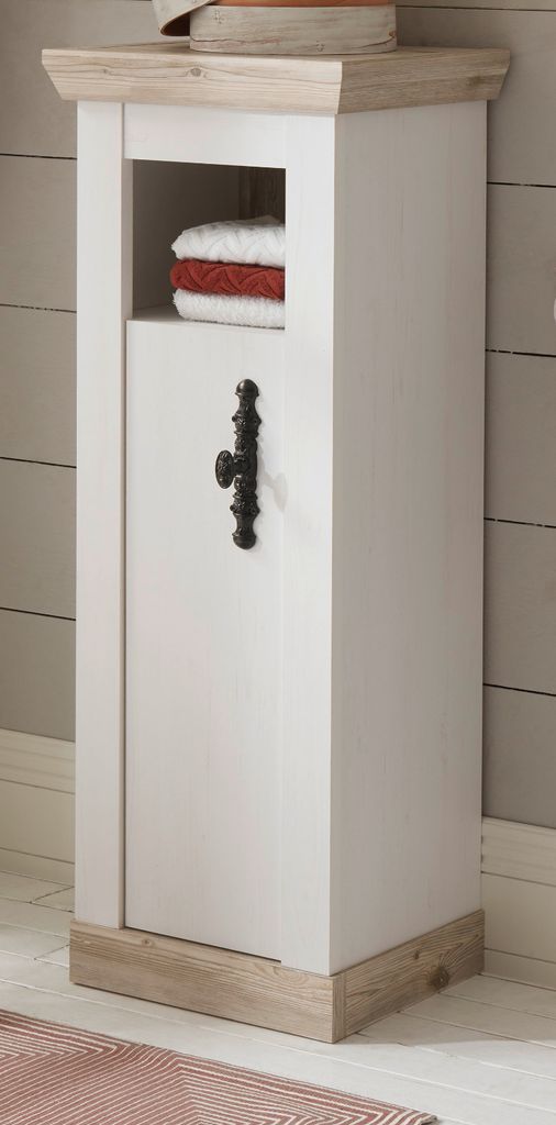 Badezimmer Kommode "Rovola" in Pinie weiß / Oslo Pinie Landhaus Badmöbel Midischrank 42 x 120 cm