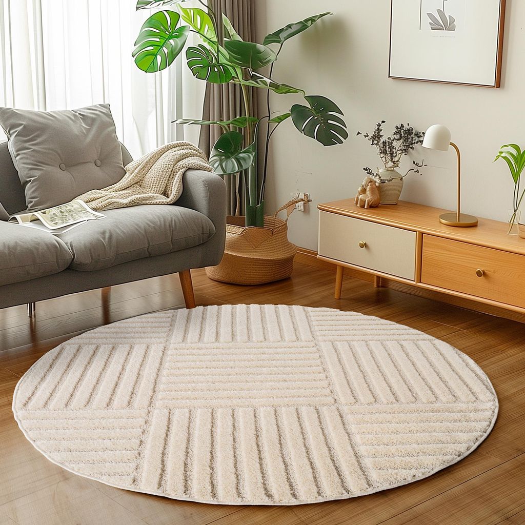 Carpetsale24 Hochflor Teppich Wohnzimmer Skandinavische Boho Design 3D Optik Teppich Shaggy Flauschig Weich, Grösse: 160 cm Rund