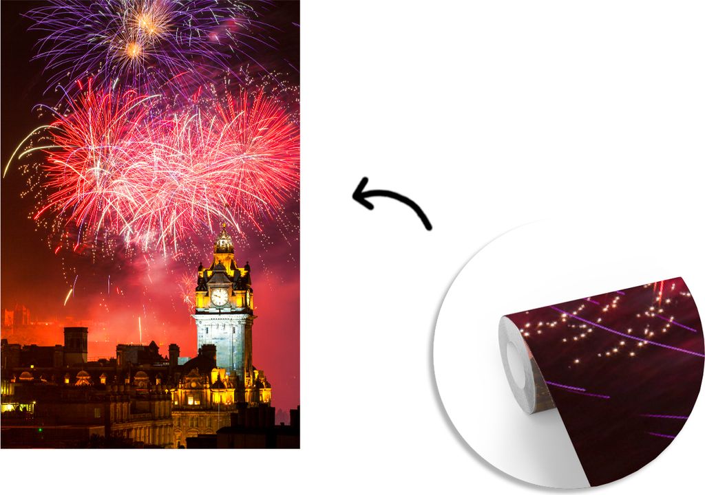 MuchoWow Fototapete für Wohnzimmer oder Schlafzimmer Wandtapete Vinyl Motivtapete Feuerwerk - Uhr - Edinburgh - 190x280 cm - Küche