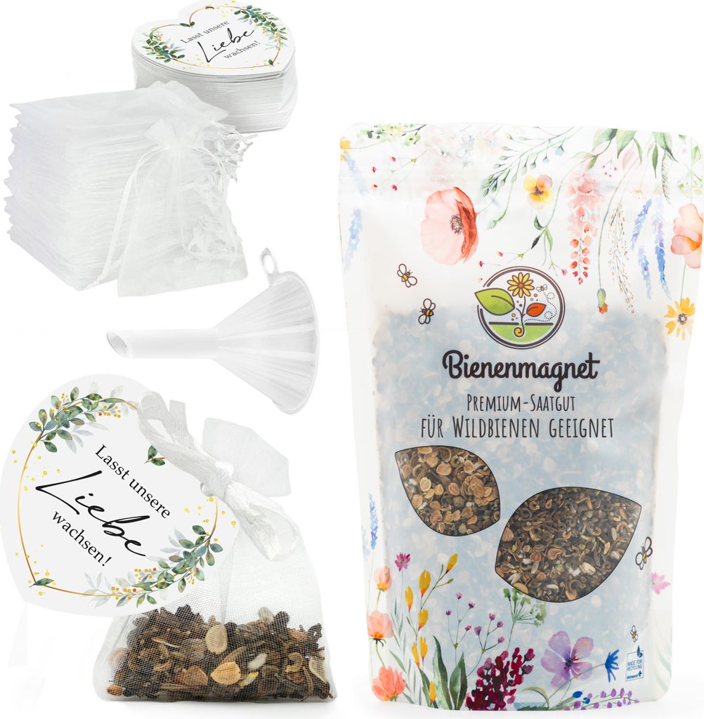 Gastgeschenke Hochzeit Blumensamen - Besonderes Hochzeitsgeschenk für Gäste als Give Away - Lasst unsere Liebe wachsen Komplett-Set (50er Set)