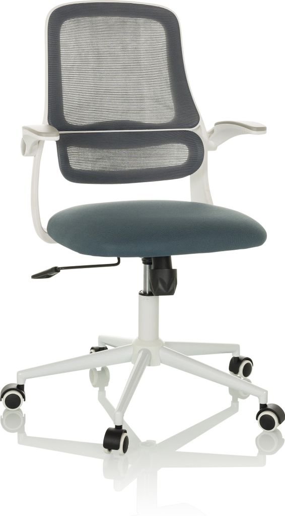 A white mesh office chair with a blue seat and white frame, shown from the front on a white background.