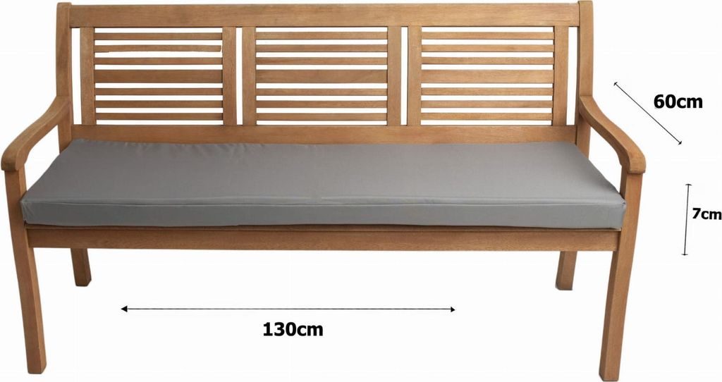 A wooden garden bench with a gray cushion, showing dimensions.