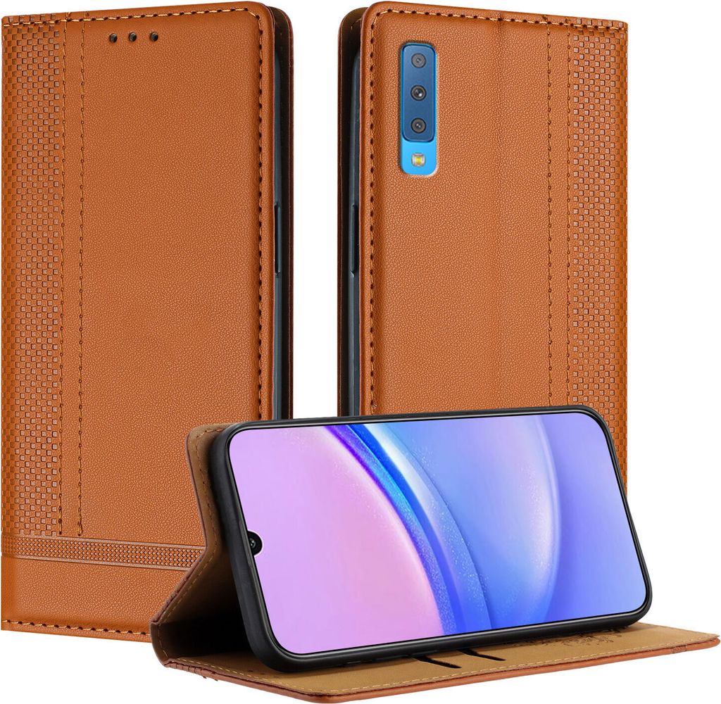 Handyhülle für Samsung Galaxy A7 2018 Leder Flip Klappbare Schutzhülle mit Standfunktion Braun