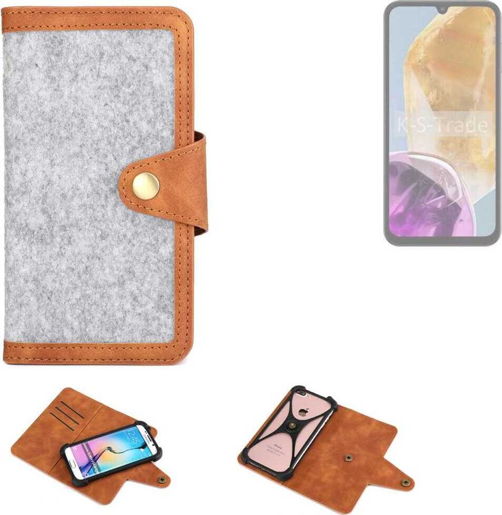 K-S-Trade Handyhülle kompatibel mit Samsung Galaxy M15 5G Prime Schutzhülle Filz-Hülle Kunst-Leder hellgrau braun (1x)