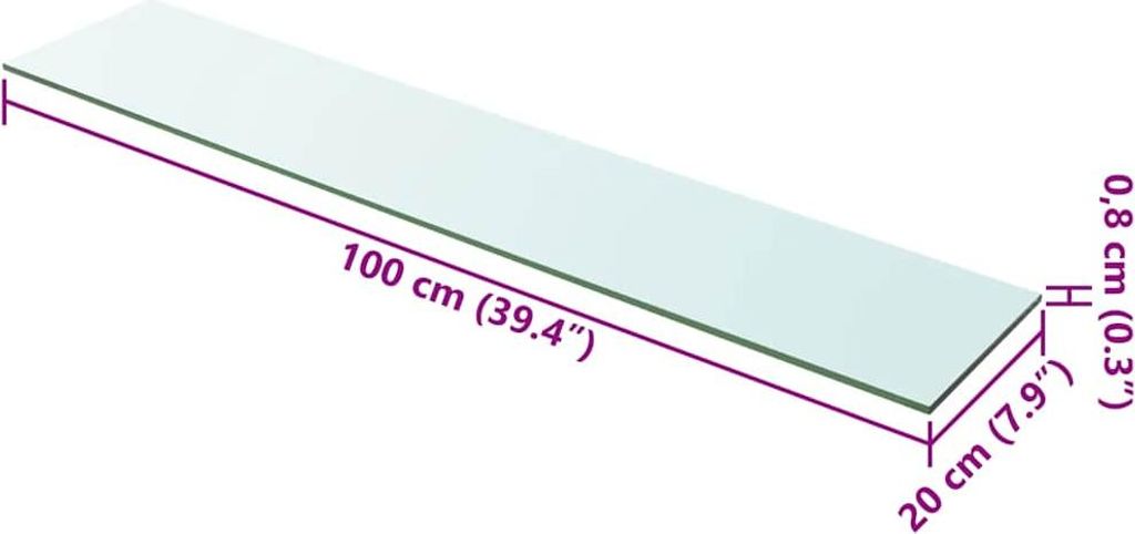 A transparent glass shelf with dimensions indicated by purple lines and text.