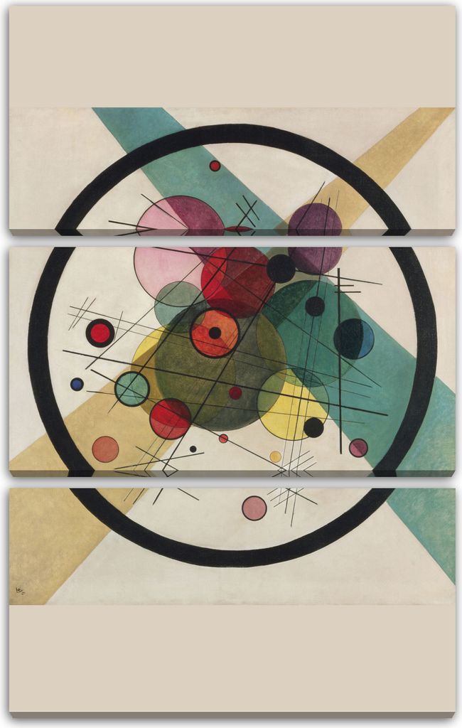 Leinwandbild 3-teilig (80x120cm): Wassily Kandinsky - Kreise in einem Kreis (1923), echter Holz-Keilrahmen inkl. Aufhänger, handgefertigt in Deuts...