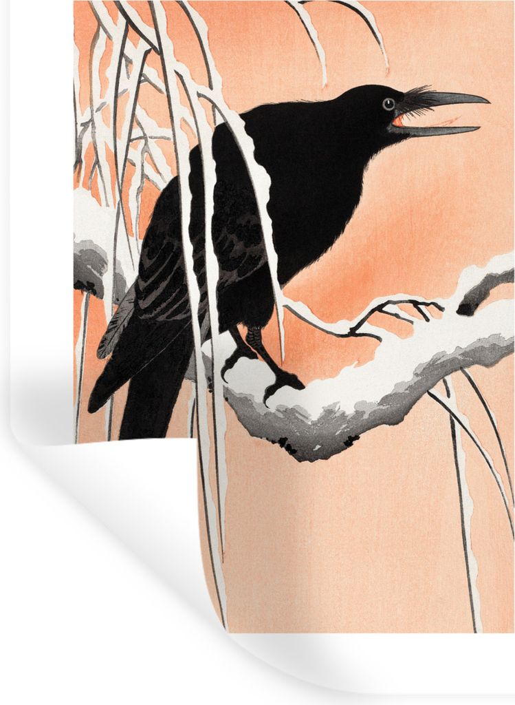 MuchoWow Wandtattoo Wandsticker Wandaufkleber Krähe - Vogel - Zweig - Vintage - Japanisch 90x120 cm Selbstklebend und Repositionierbar - Faltenfrei