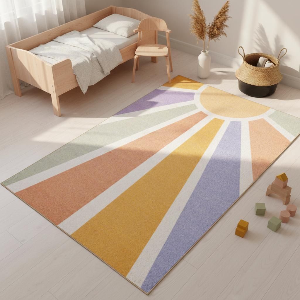 Kinderteppich Sonnenstrahlen Pflegeleicht Waschbar Strapazierfähig | Multi 100x150 cm Kinderzimmer Fußbodenheizung | TRAUN – Kadima Design