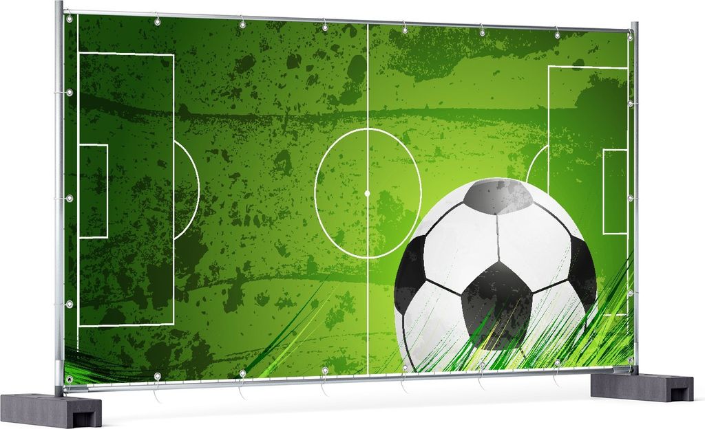 Wallario XXL Outdoor-Poster für Garten oder Balkon, Motiv Fußball-Feld klassisch grün mit Ball, in ca. 340 x 173 cm