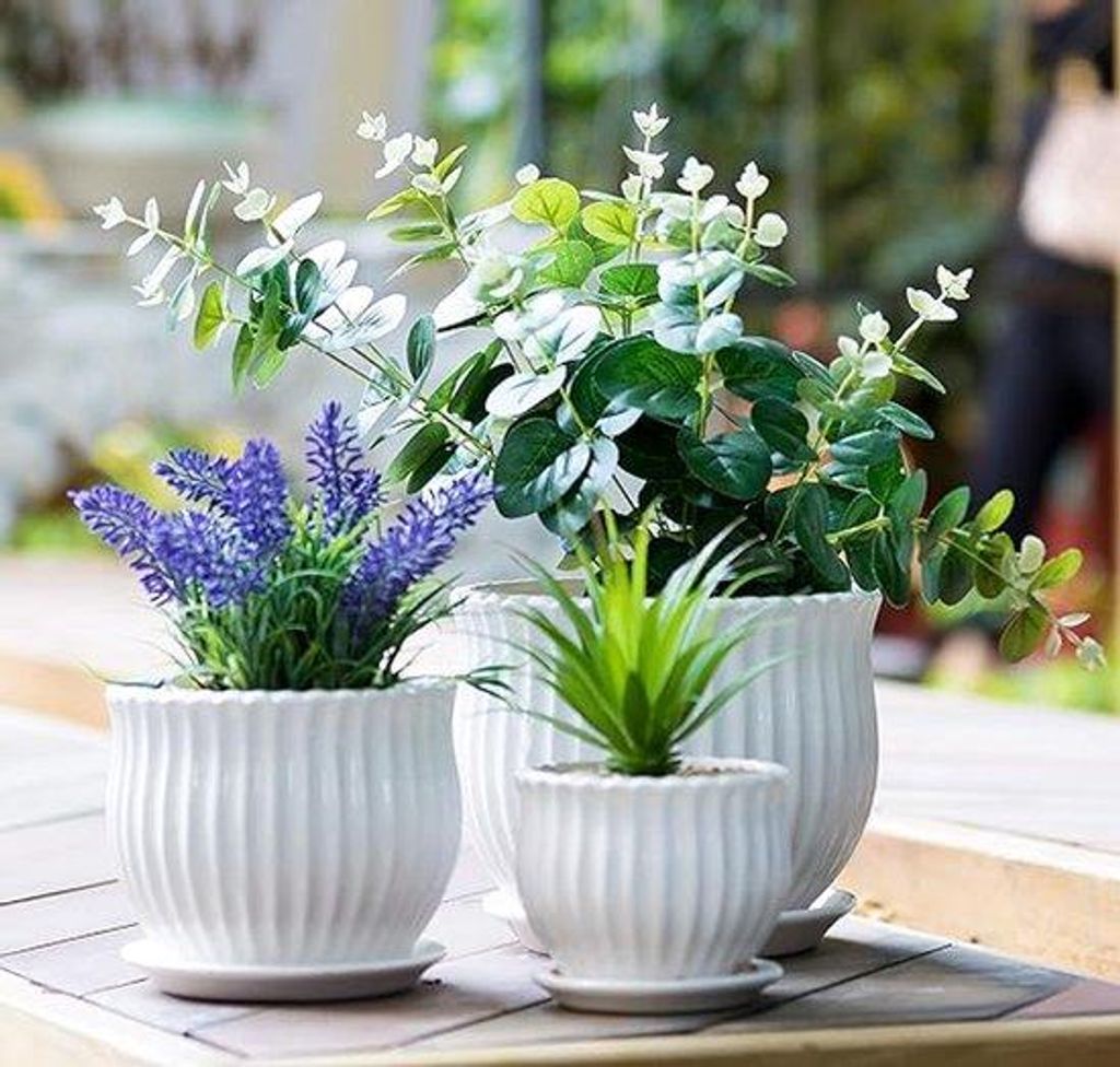 Famanu Blumentopf Set - 3 moderne keramische Töpfe mit Streifen in Weiß
