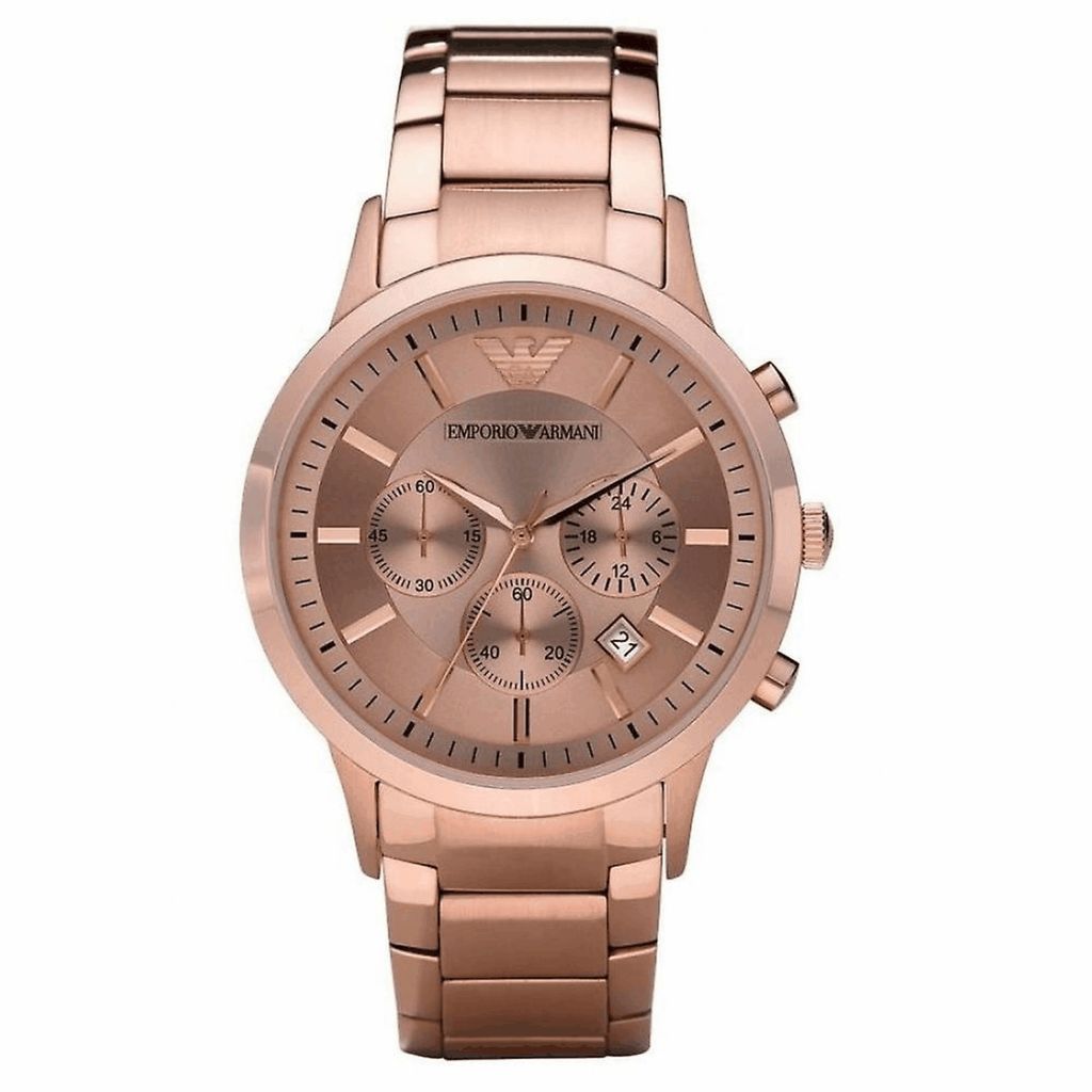 A close-up, front-facing studio shot of a rose gold Emporio Armani watch against a white background.