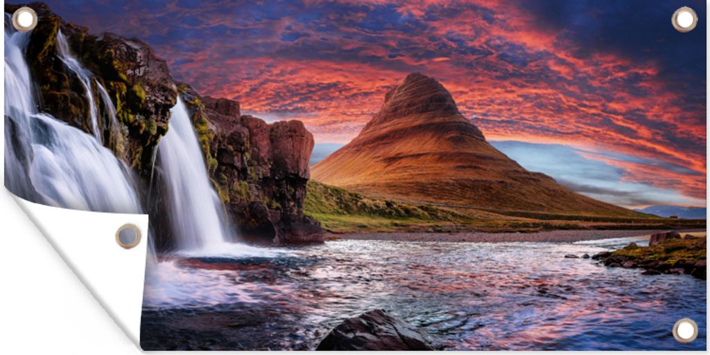 MuchoWow 60x30 cm Outdoor-Poster Gartendeko Sichtschutz Garten Poster für den Garten Wasserfall - Berg - Wolken - Rosa - Landschaft