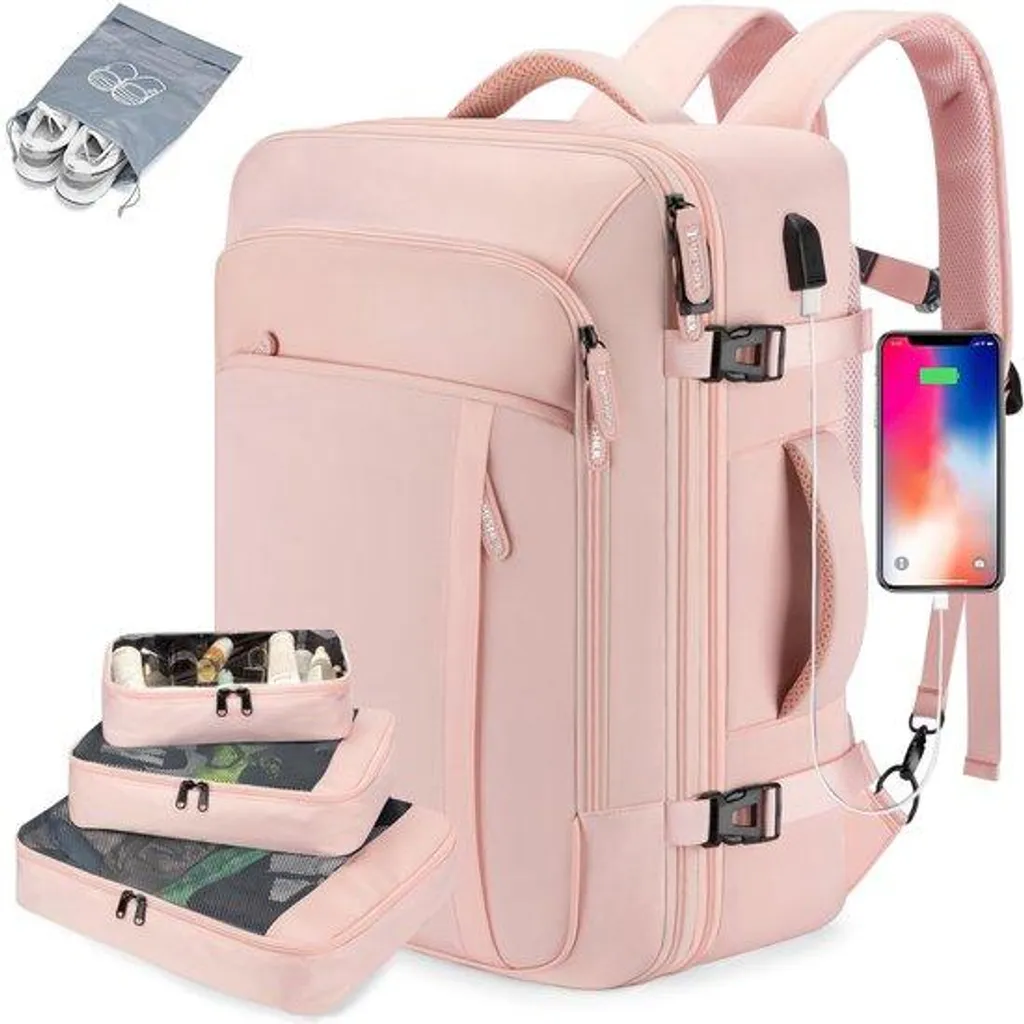 Sac à dos voyage rose pour femme format XL avec set de rangement