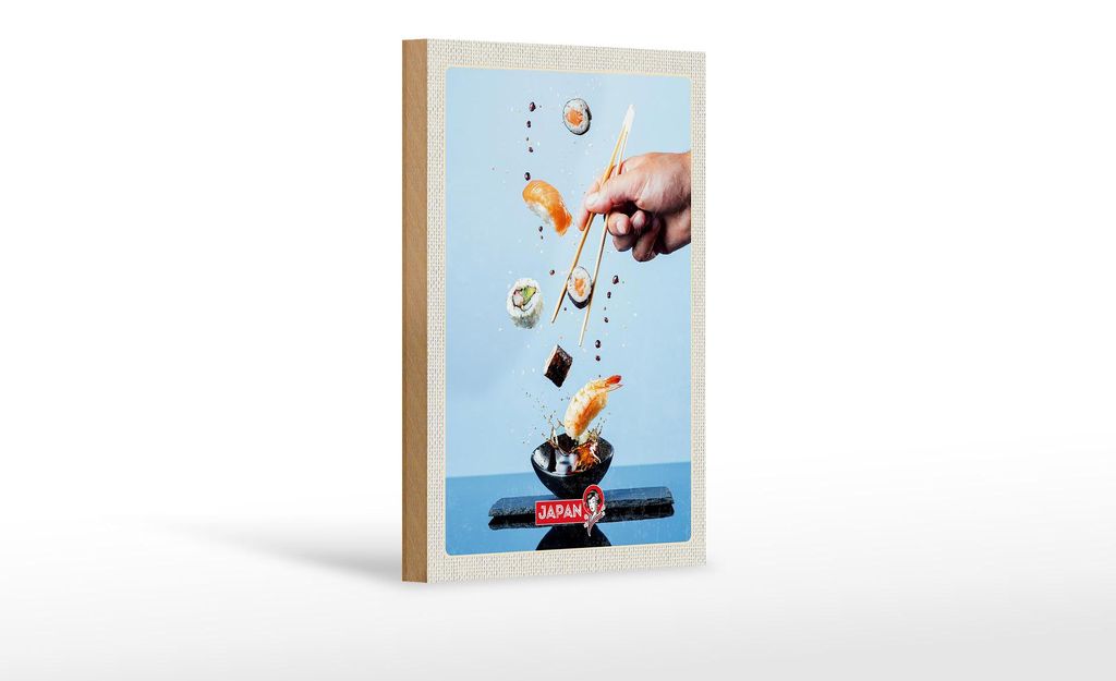 Holzschild Reise 12x18cm Japan Asien Sushi Fisch Stäbchen essen