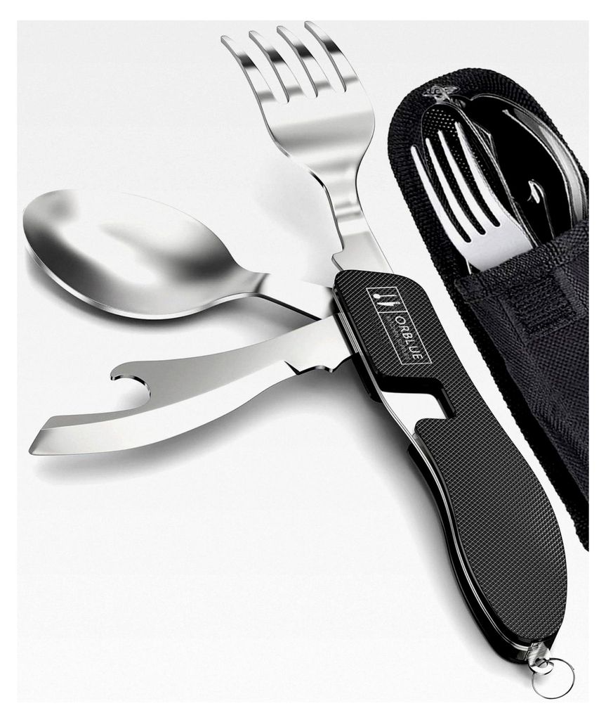 Klappbares Campingbesteck 2er Set – 4-in-1 Outdoor Besteckset mit Messer, Gabel, Löffel und Flaschenöffner für Camping, Wandern und Reisen