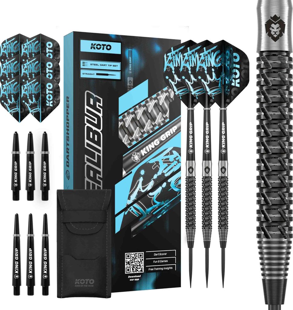 KOTO - Excalibur 90% Darts 21 G, Schwarz & Silber, Dartpfeile, Darts Set inkl. 3 Barrels, Flights + Shafts & Dartwallet, Fester Ringgrip
