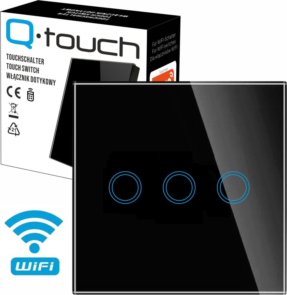 Glas Touch Lichtschalter Wandschalter WIFI 3-Fach Schalter LED schwarz mit WLAN und Fernbedienungsfunktion