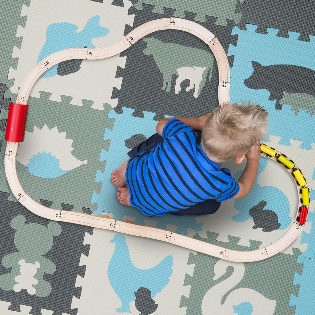 Produktbild von Relaxdays Puzzlematte 12-teilig Mit Rand – Baby Spielmatte Elefanten-Motiv, Schadstofffreier EVA-Schaum, Weiß/grau, Krabbelmatte Für Kinder