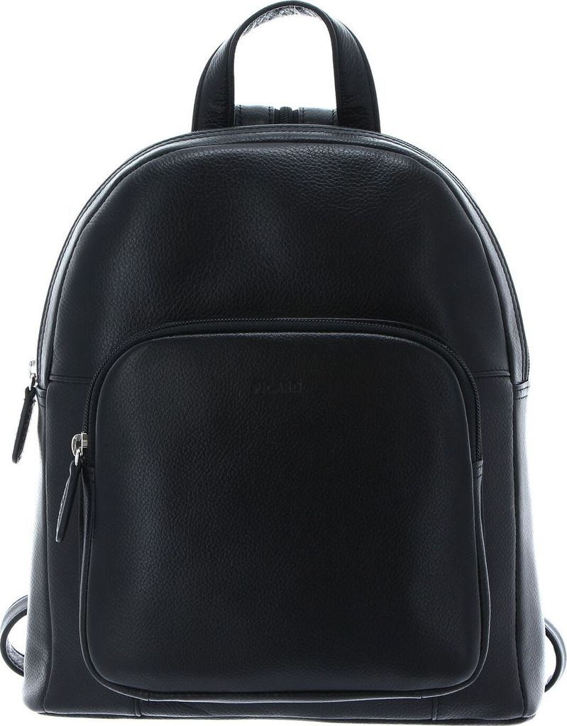 A black leather backpack is shown against a white background.