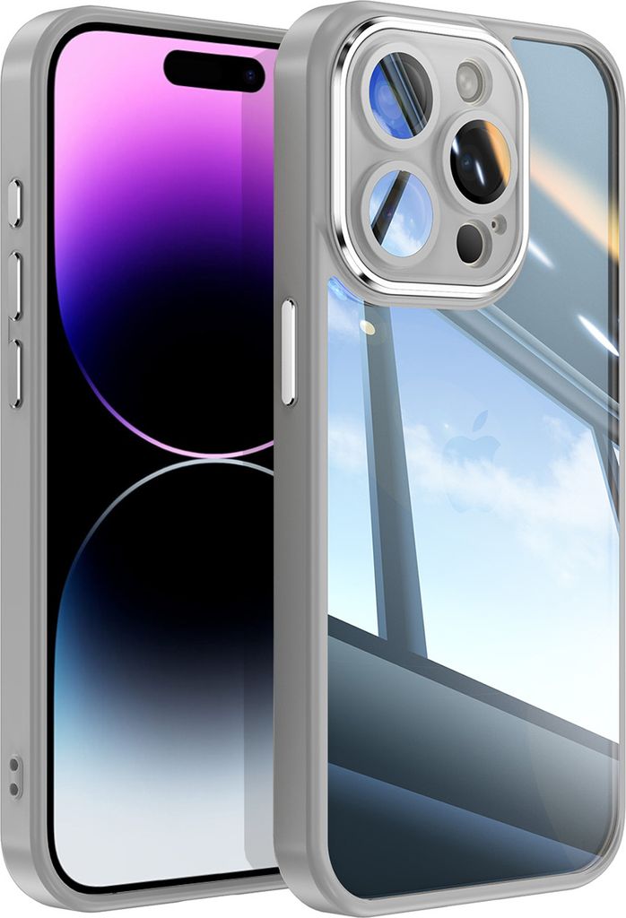 Handyhülle für iPhone 14 Pro Max Hybrid Transparent TPU PC Militärschutz mit Kameraabdeckung Grau