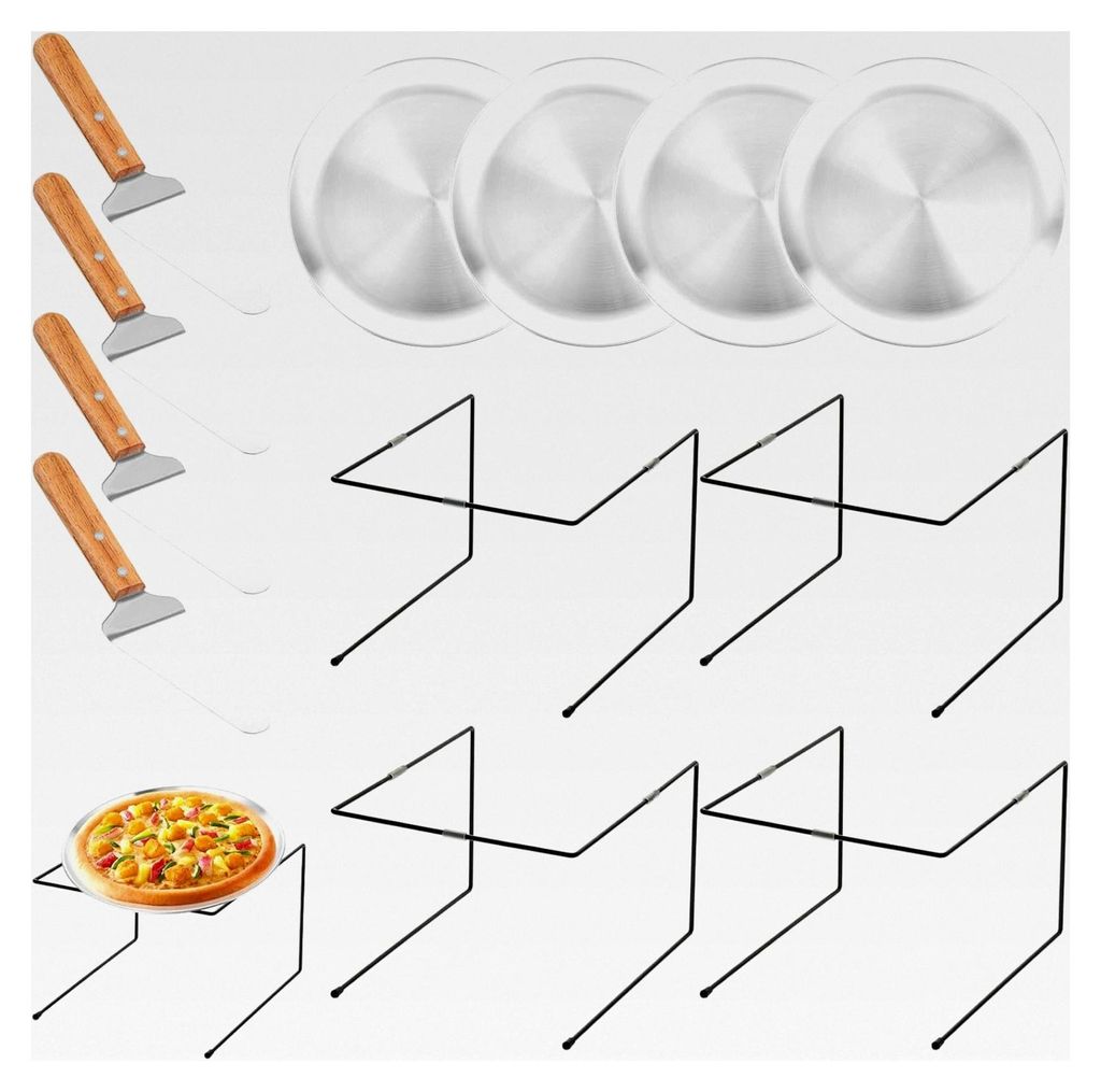 12-teiliges Pizza-Pfannenständer-Set mit 4 Metall-Pizzaständern und 4 Pizzablechen (30 cm) sowie Edelstahl-Kuchenhebern für Feiern und Veranstal...