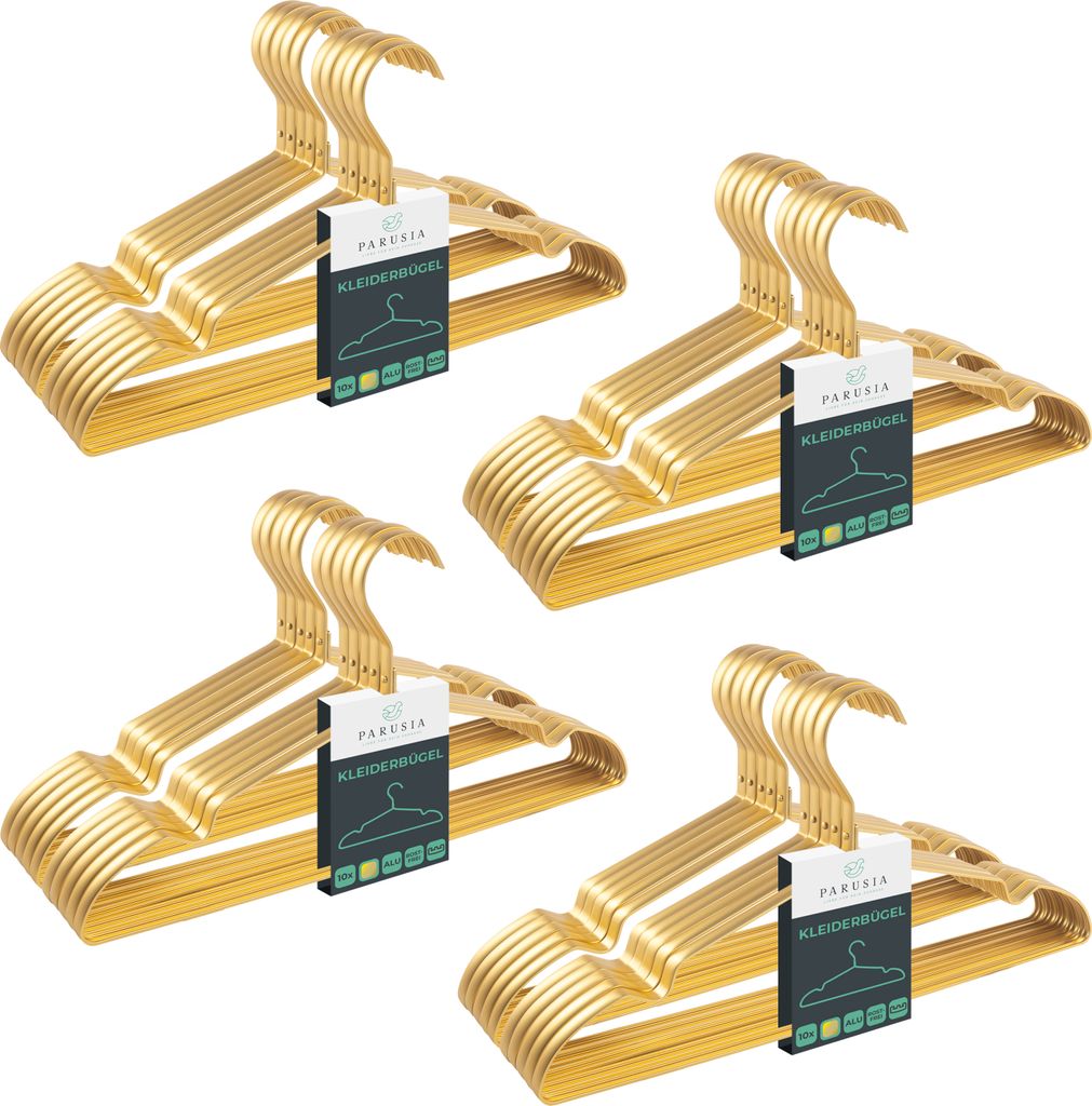 40x Parusia Kleiderbügel gold, 42cm breit, 1cm stark, Kleiderbügel Metall rostfrei, formstabil, zur platzsparenden Kleideraufbewahrung & Organisa...