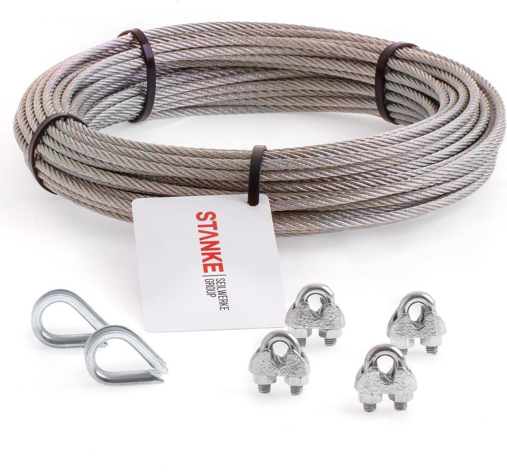 Seilwerk STANKE Rankhilfe Edelstahldrahtseil 200m V4A Edelstahlseil 4mm 7x7, 2x Kausche V4A, 4x Bügelformklemme V4A - SET 1