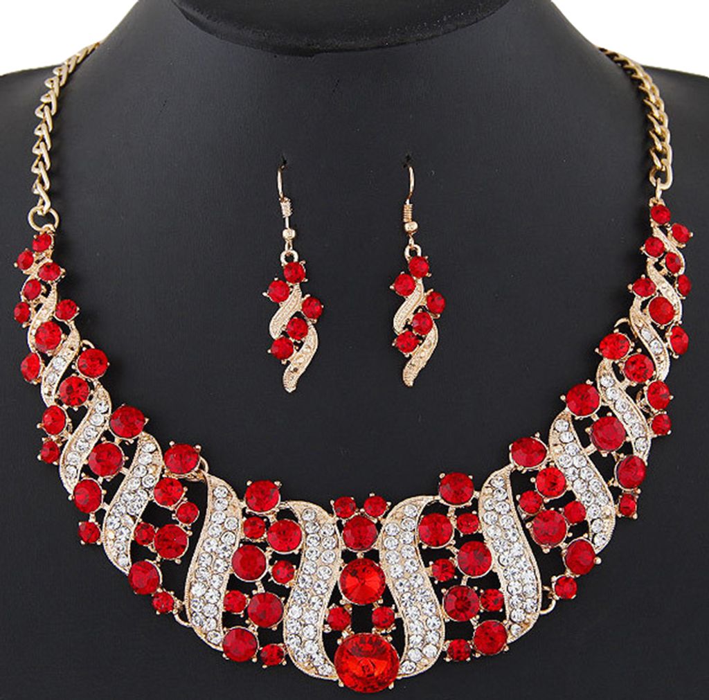 Frauen Strass Spirale Bib Halskette Haken Ohrringe Statement Party Schmuck Set-Rot
