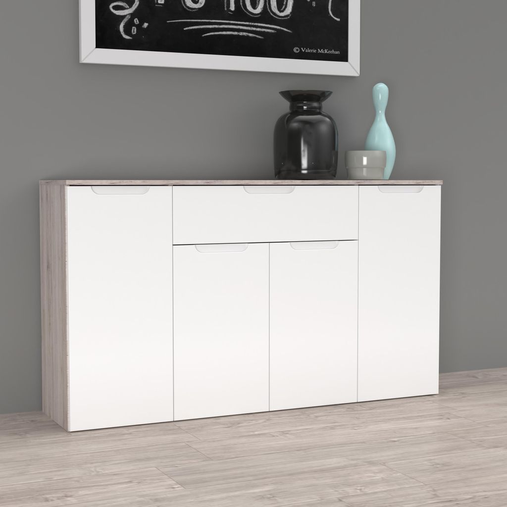 Forte MORENO Kommode 140, moderne Kommode mit 4 Türen und 1 großer Schublade, Schlaf-/Wohnzimmer, Flur, Holzwerkstoff, Weiß, 139,3 cm breit x 80...