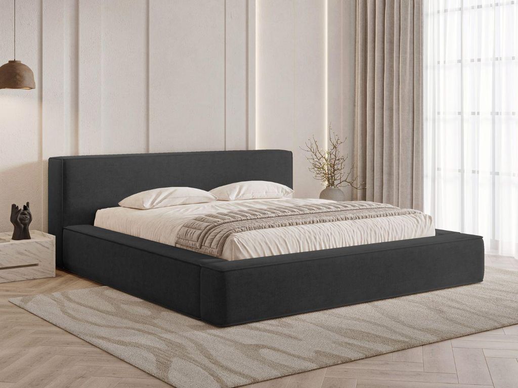 GrainGold Polsterbett Mali 140x200 cm - Bett 140x200, Polsterbett mit Bettkasten & Lattenrost - Bett mit Velvet-Stoff - Schwarz