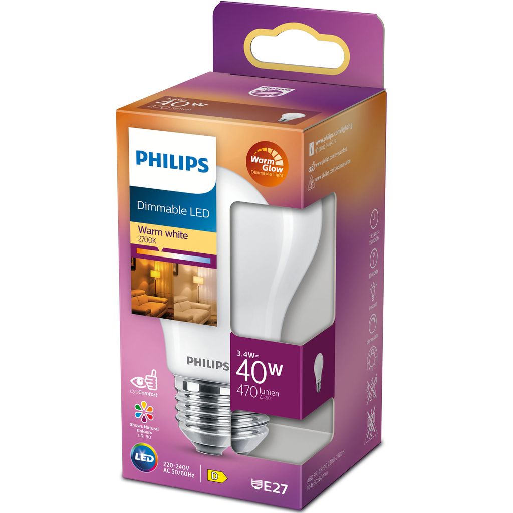A product box for a Philips LED light bulb.