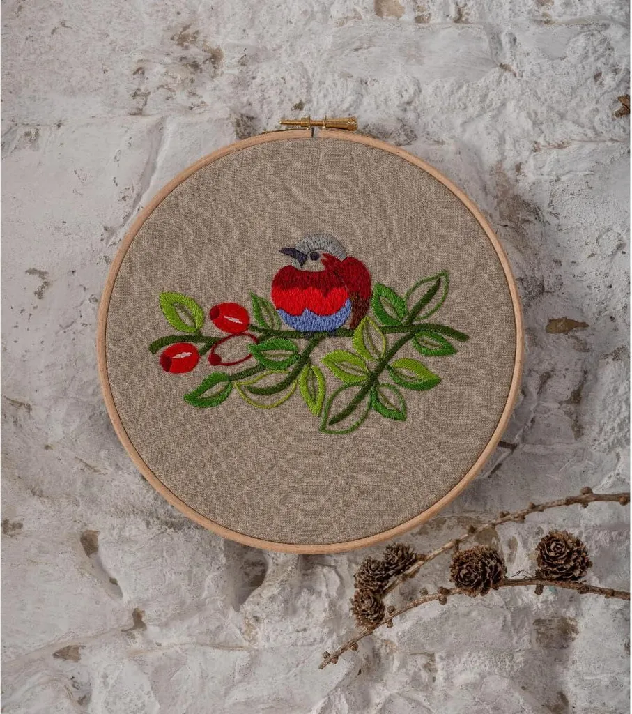 Pack broderie traditionnelle Anchor fleurs et oiseaux lin gris 20cm