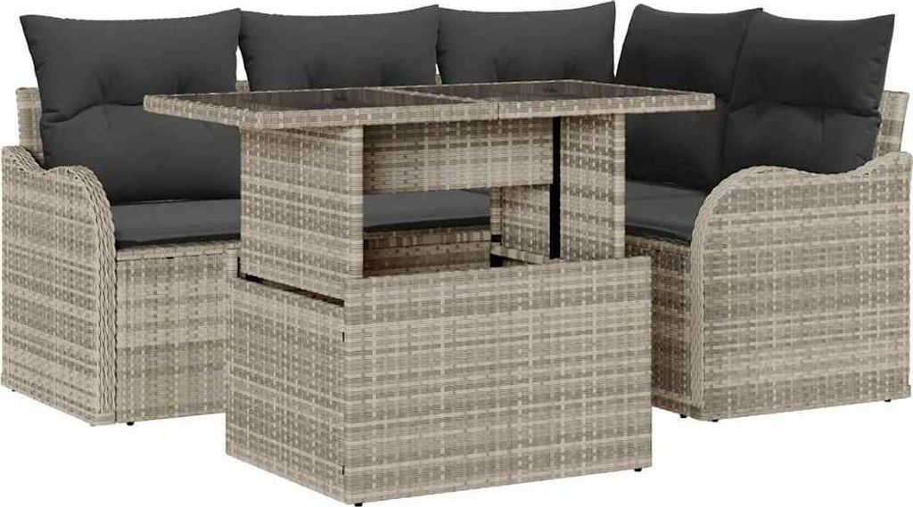 SYFAX Outdoortisch-Set mit Kissen 5 pcs Hellgrau Poly Rattan