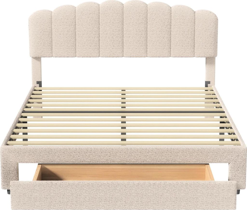 Bettrahmen - 140x200 cm - Teddy-Kopfteil - Metallgestell - Mit Stauraum - Lattenrost aus Holz - Ohne Matratze - Beige