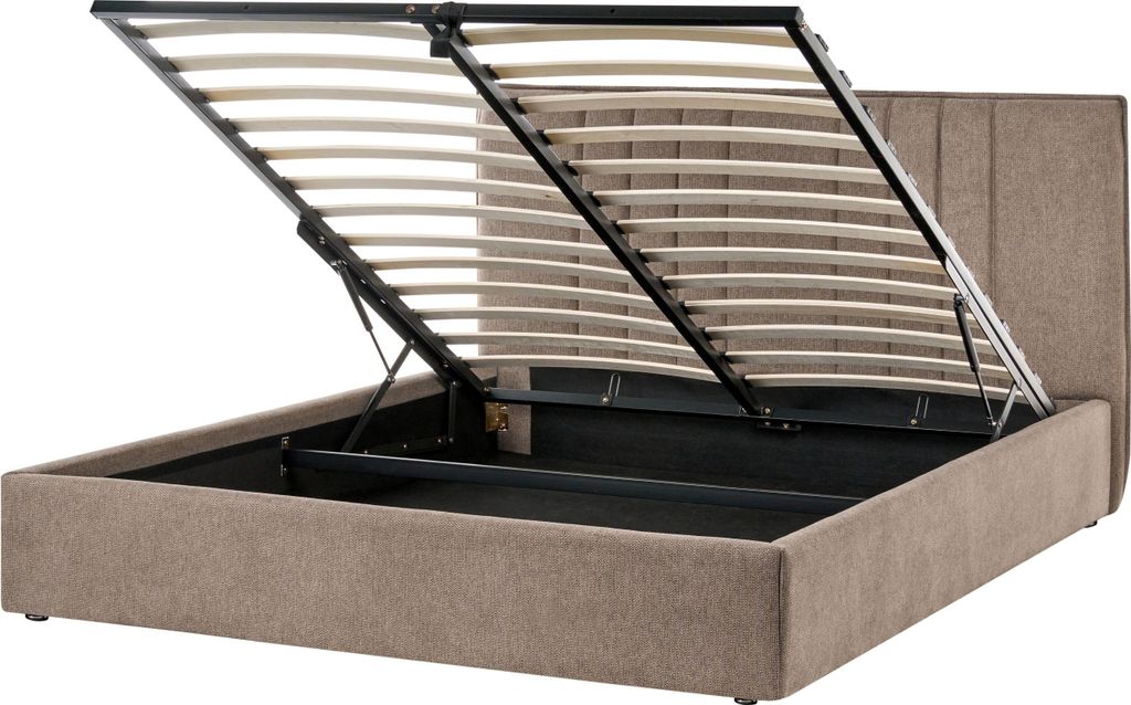 BELIANI Polsterbett Taupe Stoff 160 x 200 cm mit Stauraum Bettkasten Aufklappbar Lattenrost Hohes Kopfteil Modernes Design Schlafzimmermöbel